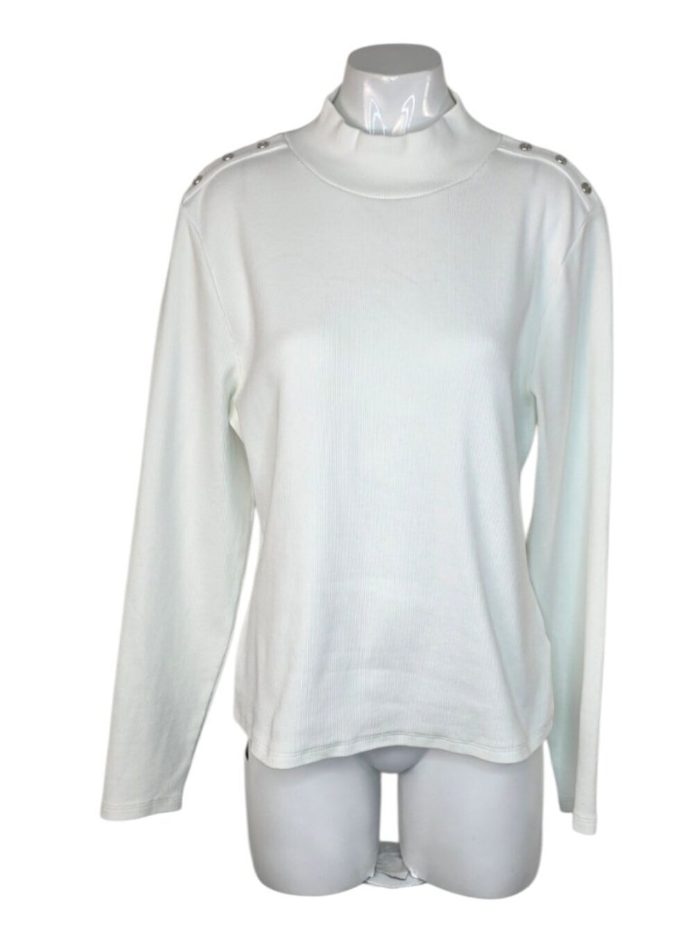 Veronica Beard Ribbed Long Sleeve Mock Neck Top, White, Button Detail, Size XL - Picture 1 of 10